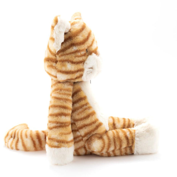 Plush toy cat with brown and white stripes on a white background